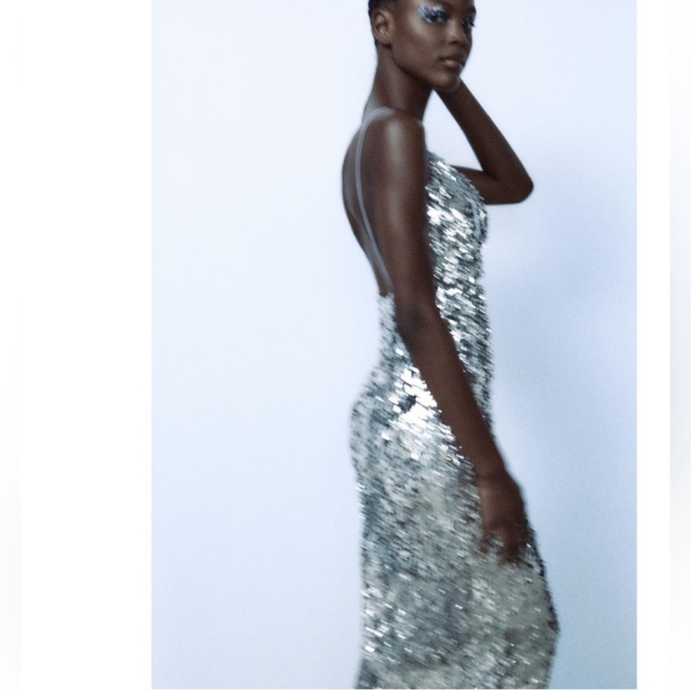 NWT Zara Silver Sequin Maxi Dress Size S - Picture 2 of 16